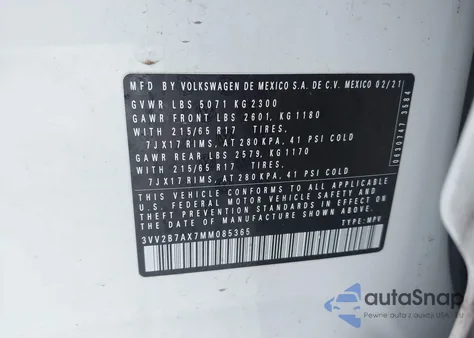 2021 Volkswagen Tiguan 2.0T Se/2.0T Se R-Line Black/2.0T Sel z USA, uszkodzony, nr VIN 3VV2B7AX7MM085365
